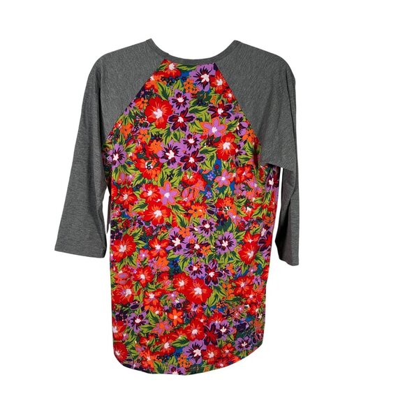 LuLaRoe RANDY Hawaiian Hibiscus Flower Purple Gray Raglan Tee Shirt SMALL S - Picture 5 of 6